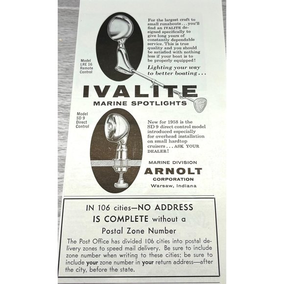 Other - 1958 Vintage Print Ad Ivalite Marine Spotlights Arnault Corp